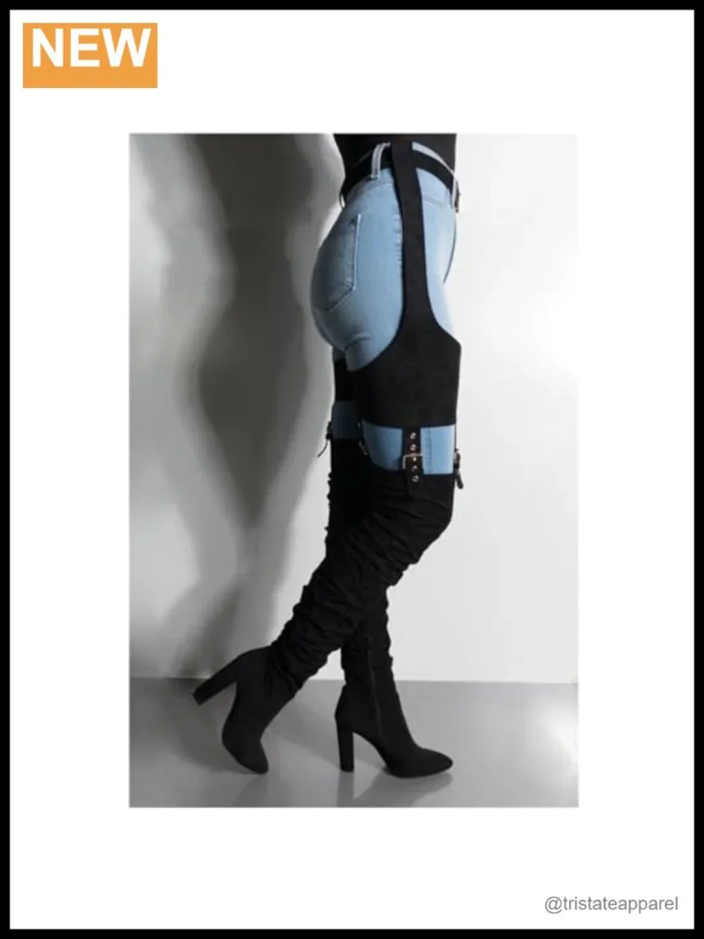 HiColor Women's Belted Pointed Toe High Boots Striking Buckle Strap Fashion